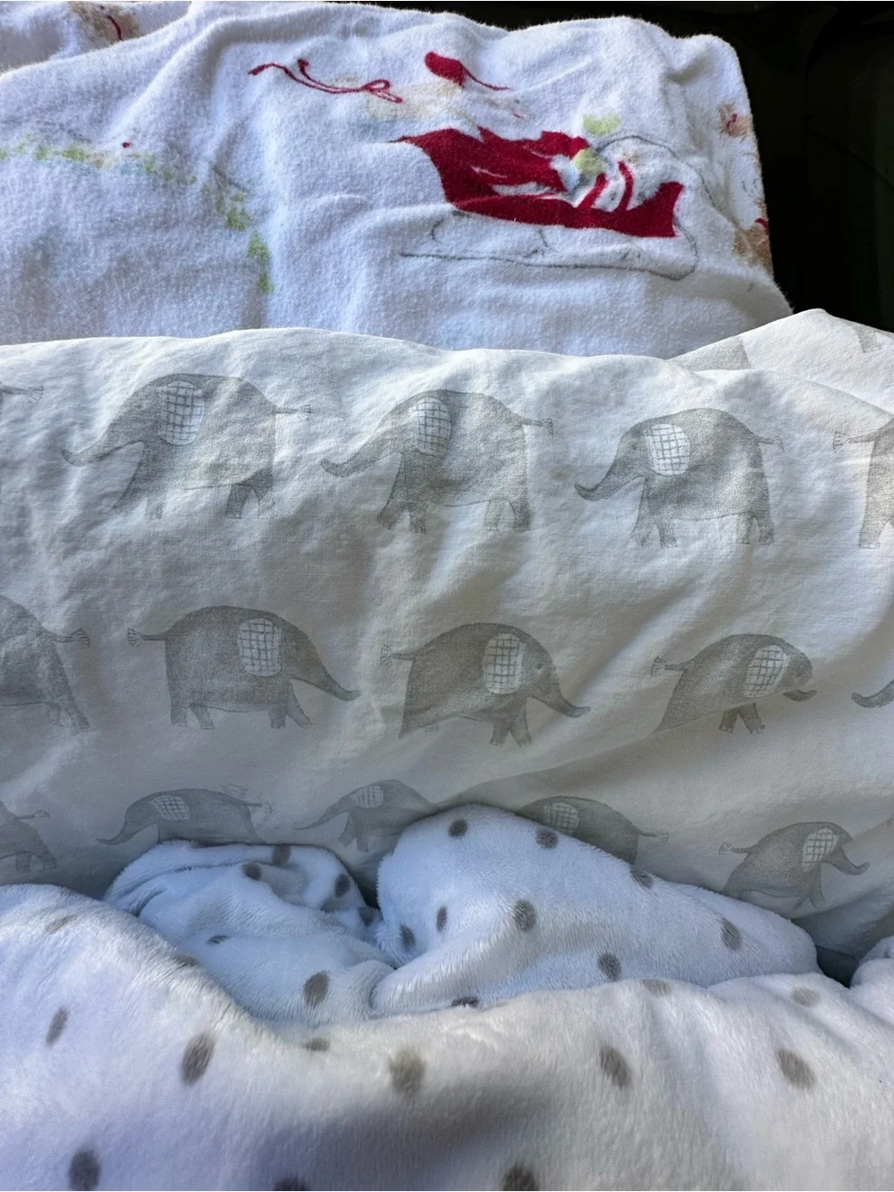 Pottery Barn Kids Baby Crib Bedding with Elephants, Polka Dot Prints & Santa